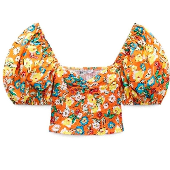 Zara Orange Floral  Print Puff Sleeve Flounce Crop Top Size Small - Picture 2 of 7